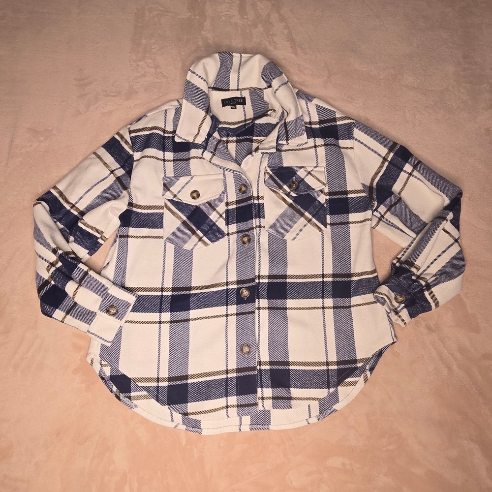 Love Tree Plaid Shacket Womens Medium Blue White Button Up Flannel